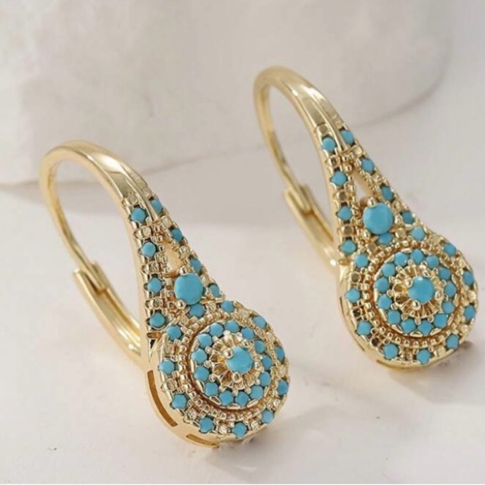 Gold Teardrop Earrings with Turquoise Crystals - Women Jewelry